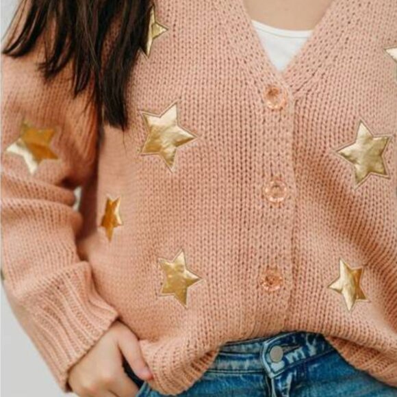 Ivy Jane Gold Star Cardigan Blush Pink Crystal Buttons L NWT - Picture 4 of 7